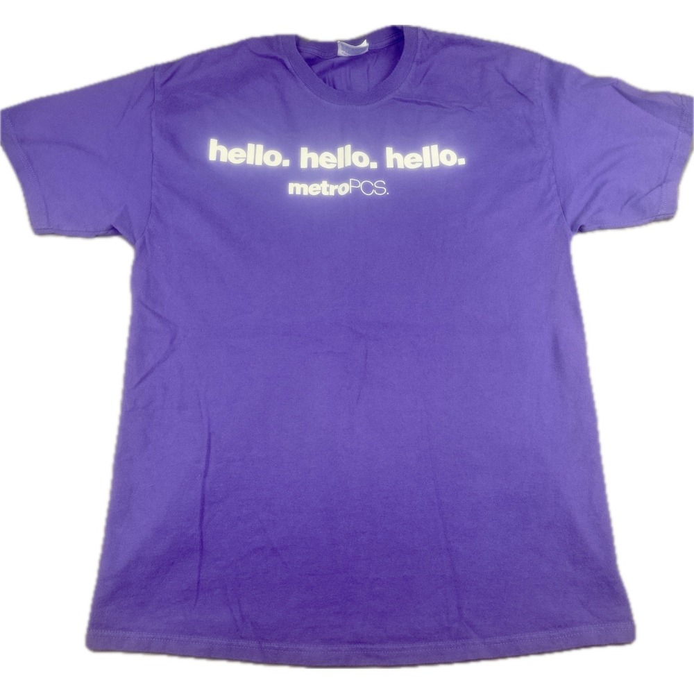 Hanes Mens MetroPCS Hello Promo‎ T-Shirt Large Purple Short Sleeve Graphic Tee